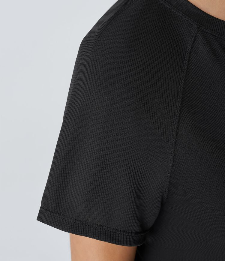 Raglan Sleeve Solid Cropped Waffle Casual Tee