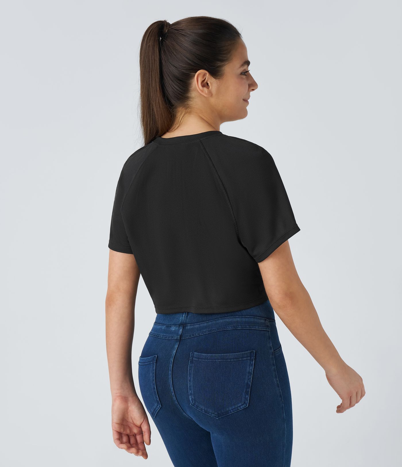 Raglan Sleeve Solid Crop Waffle Casual T-shirt