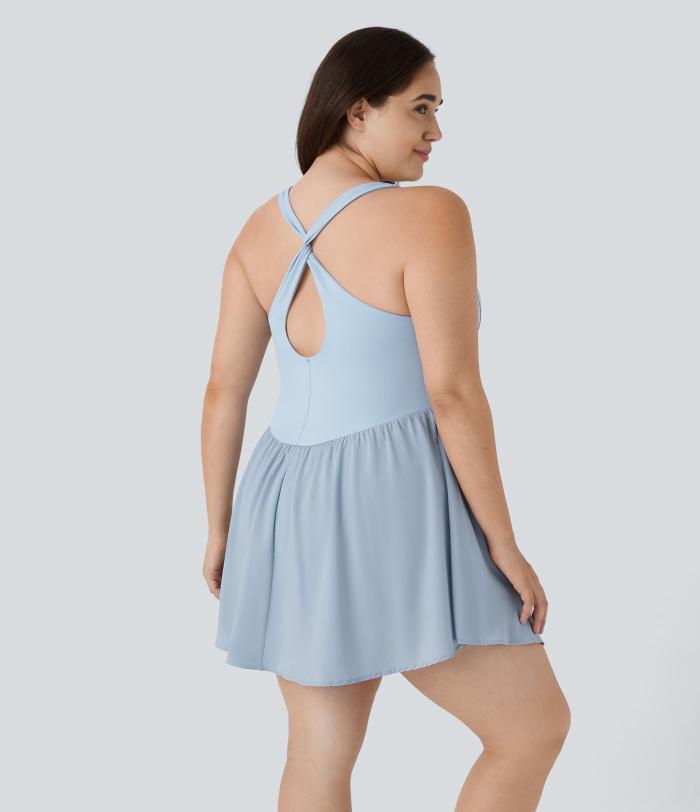 Breezeful™ Square Neck Backless Cut Out Crisscross Twisted Back 2-in-1 Side Pocket Corset Mini Quick Dry Flowy Casual Plus Size Dress