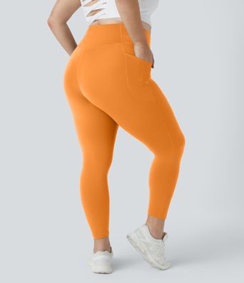 SoftlyZero™ High Waisted Crossover Pocket Plain Plus Size Full Length Leggings-UPF50+