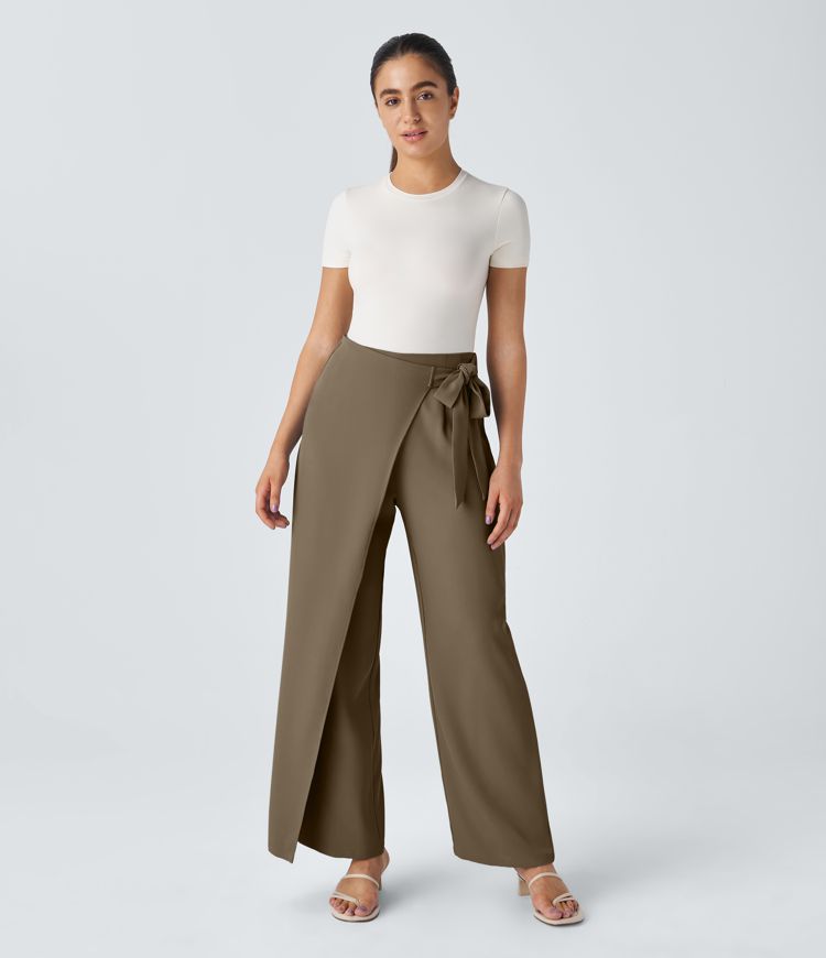 Pantalon Tailleur Large Fluide Taille Haute Fermeture Éclair Invisible 