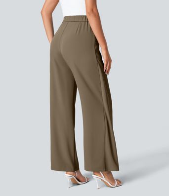 Pantalon Tailleur Large Fluide Taille Haute Fermeture Éclair Invisible 