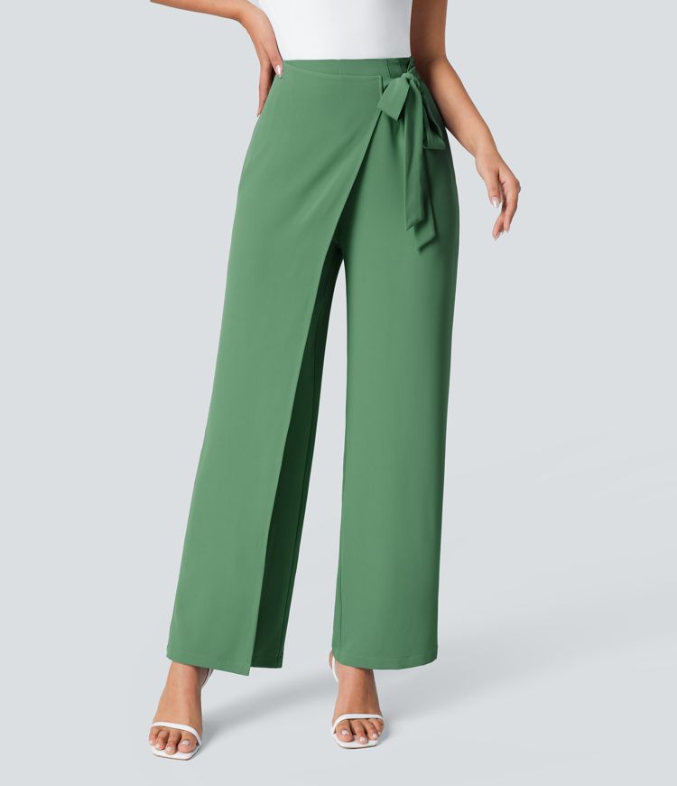 High Waisted Tie Side Wide Leg Work Pants