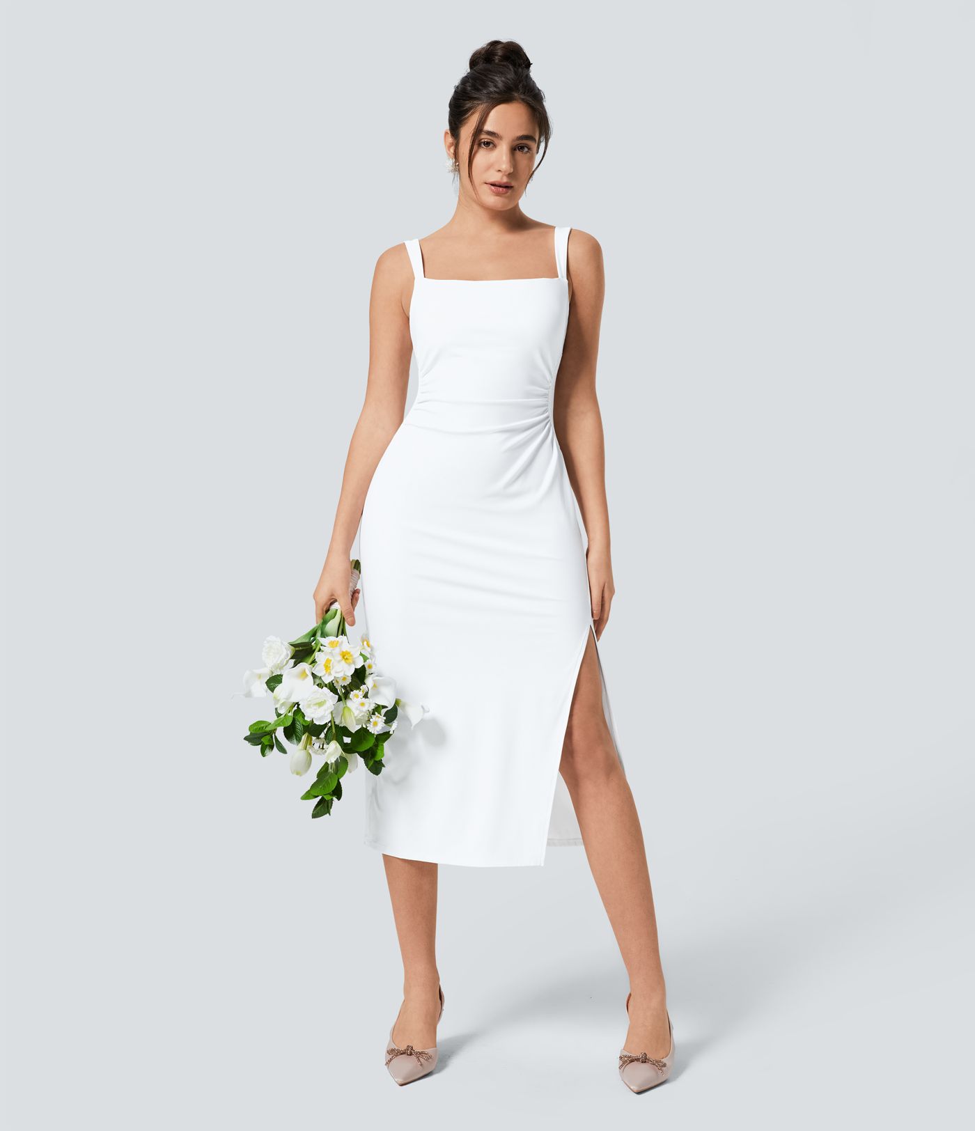 SoftlyZero™ Airy Square Neck Ruched Midi Cool Touch Dress-UPF50+