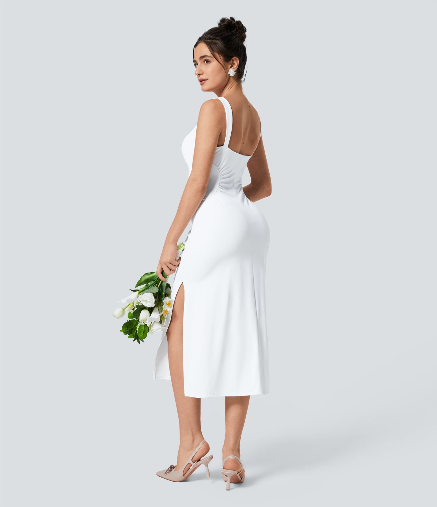 SoftlyZero™ Airy Square Neck Ruched Midi Cool Touch Dress-UPF50+