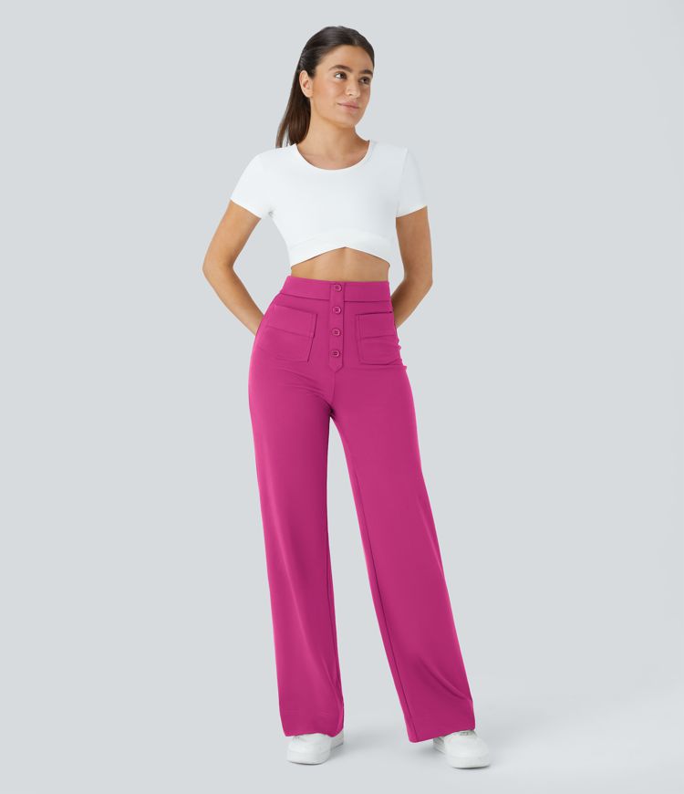 High Waisted Pockets Straight Leg Casual Trousers