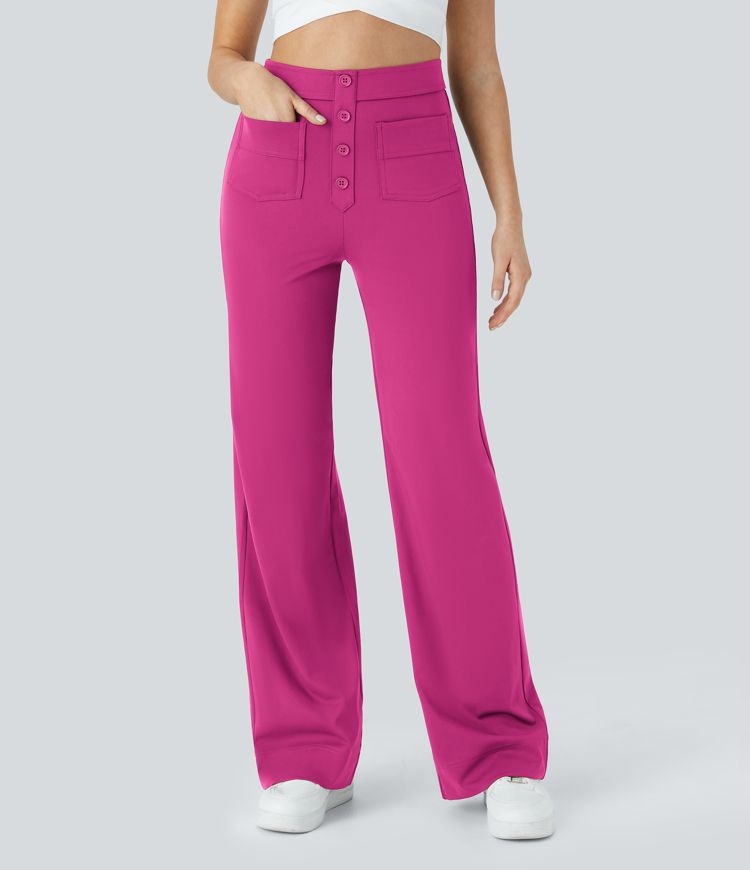 High Waisted Pockets Straight Leg Casual Trousers