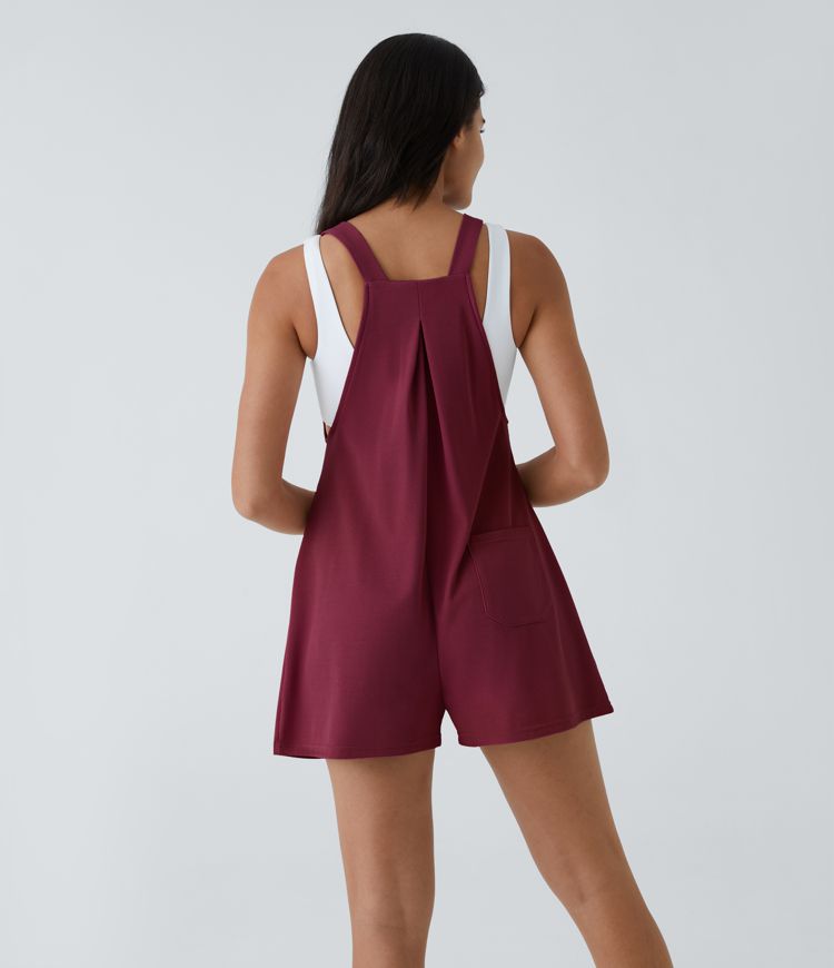 Adjustable Strap Button Multiple Pockets Plicated Waffle Casual Overalls