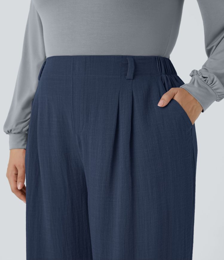 Pantalón tiro alto bolsillo lateral plisado pierna ancha fluido tacto lino talla grande