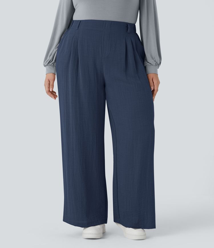 Pantalón tiro alto bolsillo lateral plisado pierna ancha fluido tacto lino talla grande