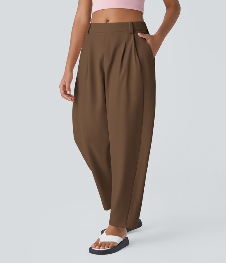Mid Rise Plicated Side Pocket Barrel Leg Work Pants