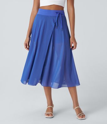High Waisted Drawstring Contrast Mesh 2-in-1 Pocket Flowy Midi Flare Casual Skirt