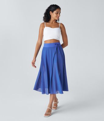 High Waisted Drawstring Contrast Mesh 2-in-1 Pocket Flowy Midi Flare Casual Skirt