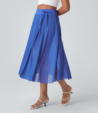 High Waisted Drawstring Contrast Mesh 2-in-1 Pocket Flowy Midi Flare Casual Skirt