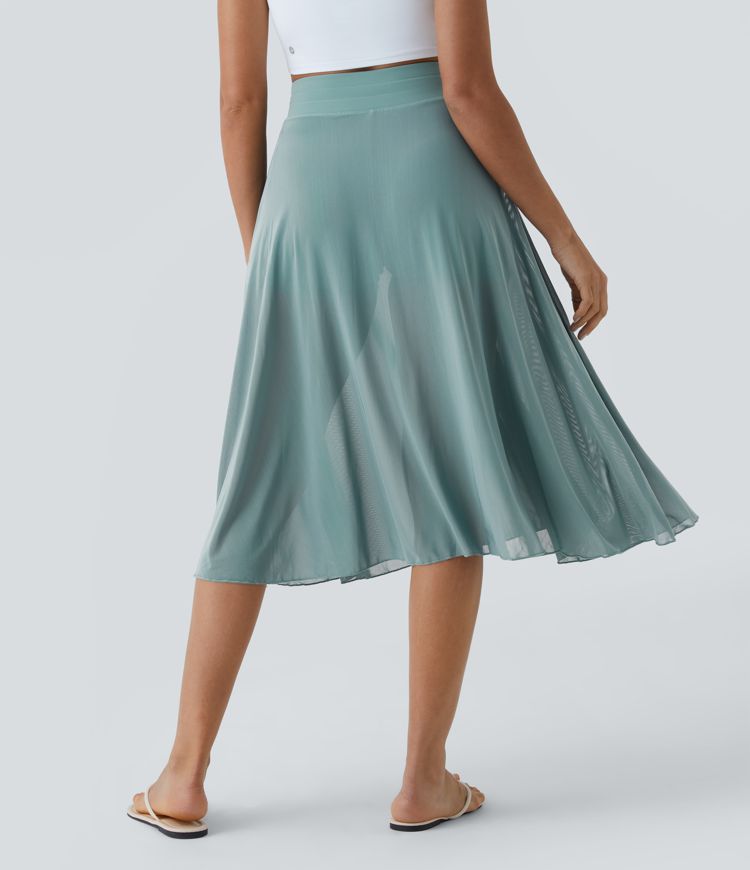 High Waisted Drawstring Contrast Mesh 2-in-1 Side Pocket Flowy Midi Flare Casual Skirt