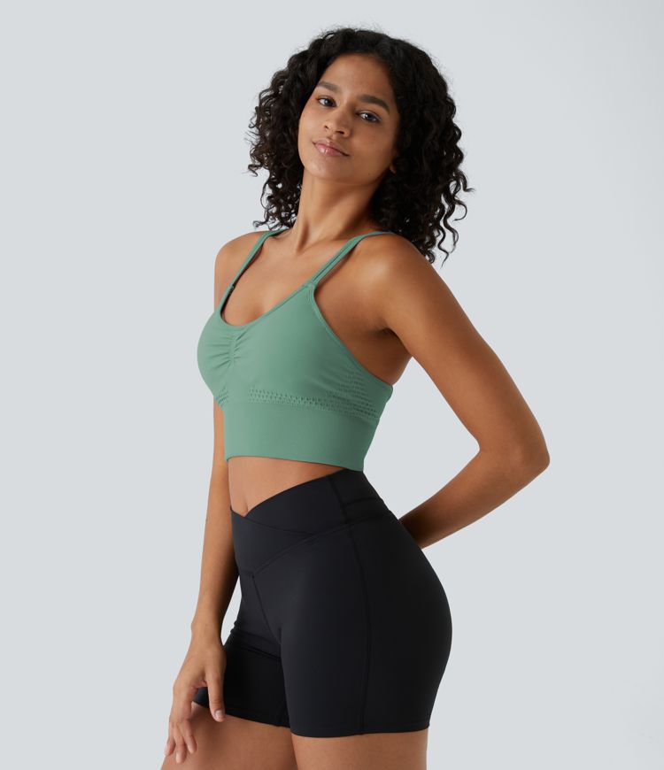 Seamless Flow Low Support Ruched Double Straps Backless Crisscross Sports Bra