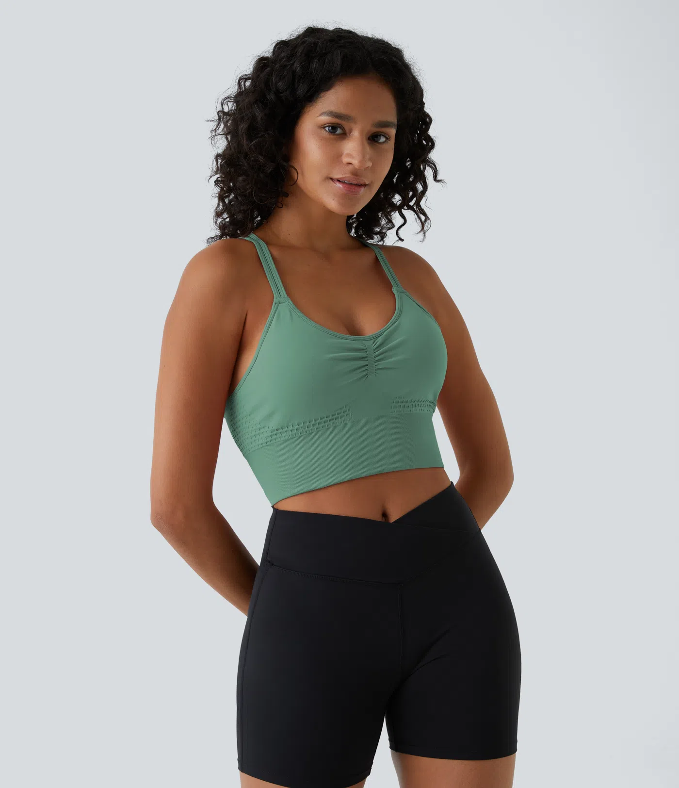 Seamless Flow Low Support Ruched Double Straps Backless Crisscross Sports Bra