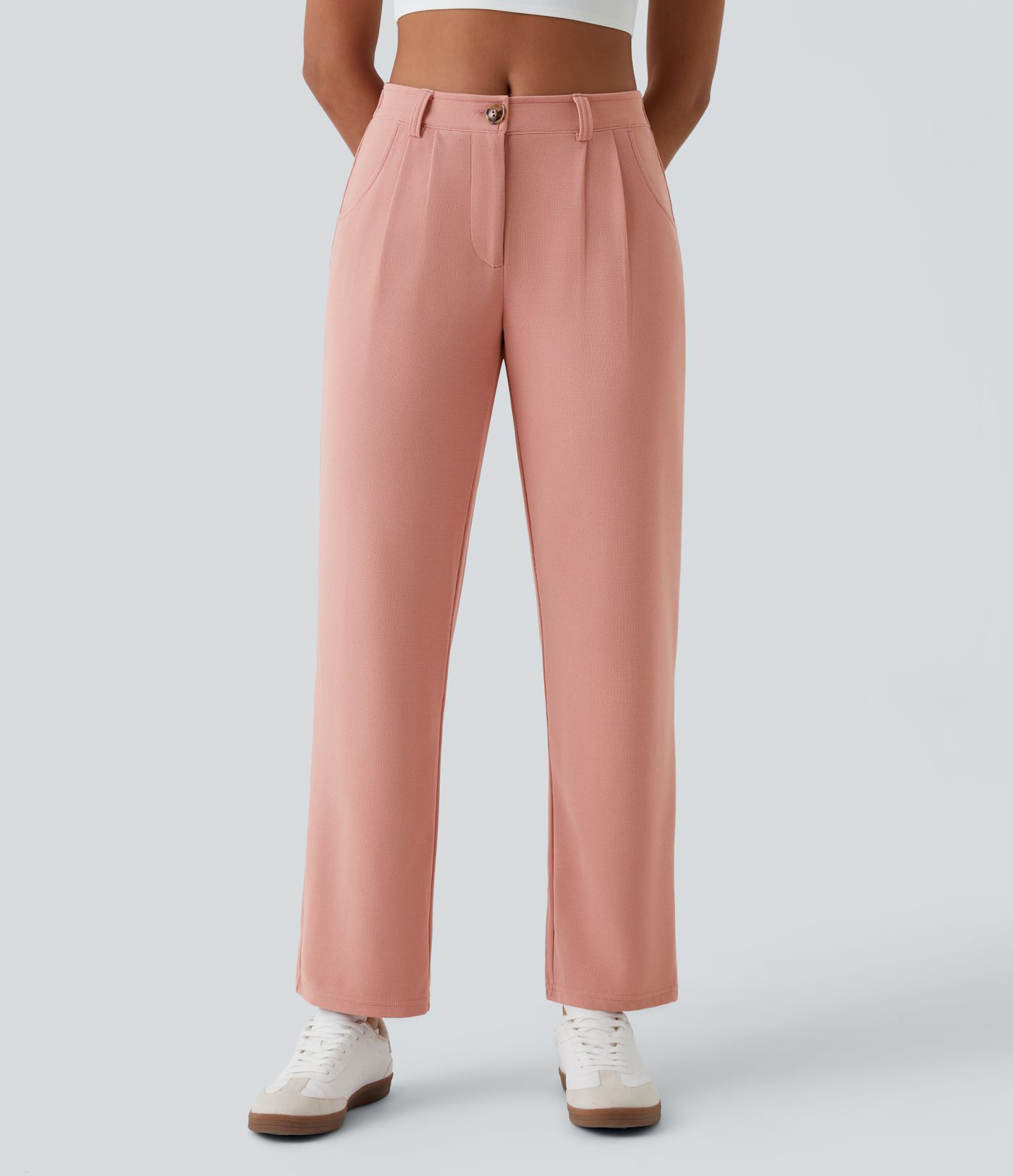 Pantalones gofre bolsillo lateral cremallera botón tiro medio