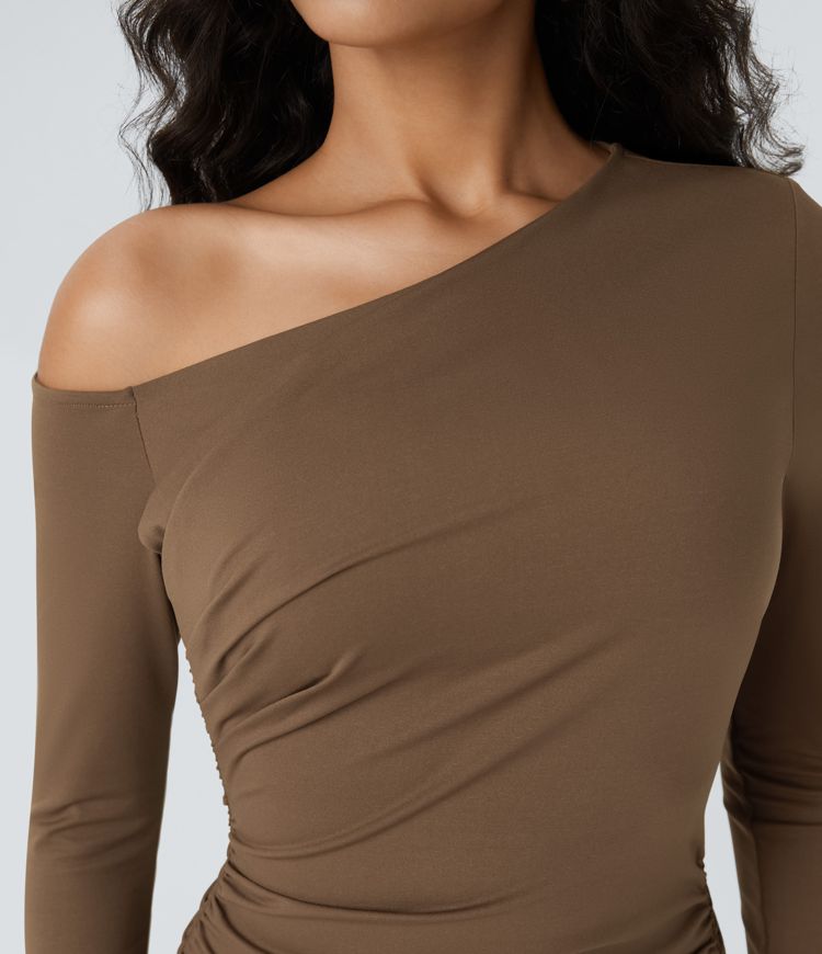 Off-shoulder long sleeve ruched bodycon mini party dress