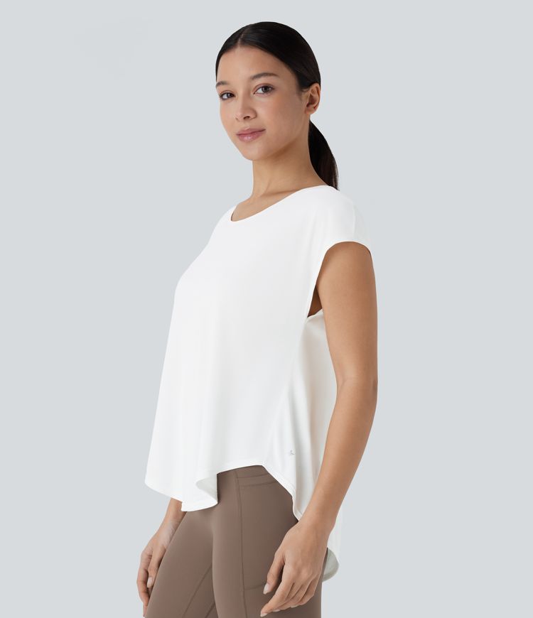 Backless Cowl Back Short Sleeve Curved Hem Yoga Sports Top