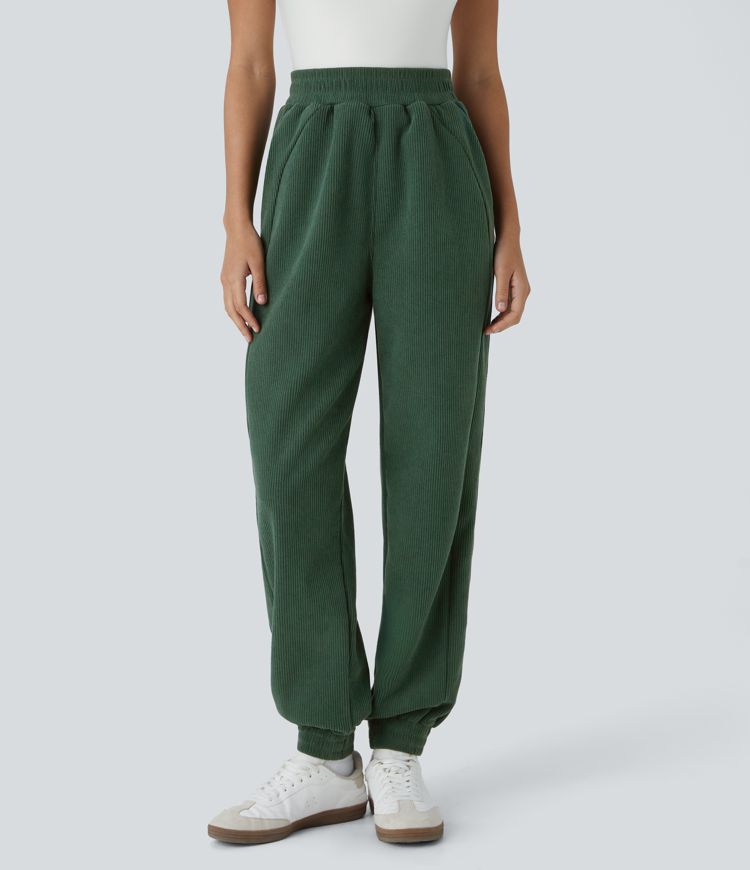 High Waisted Side Pocket Corduroy Casual Joggers
