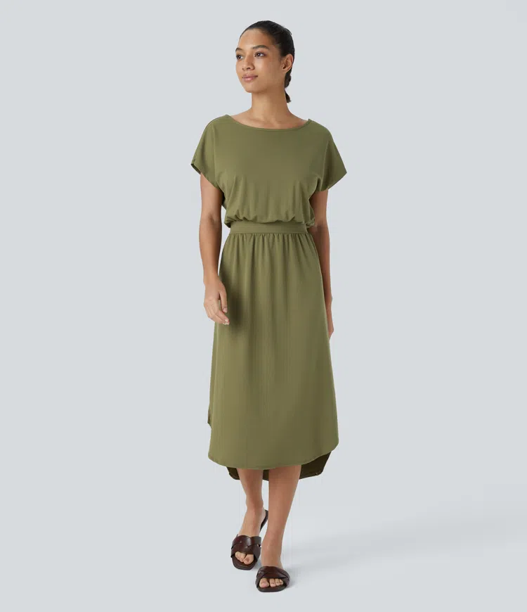 Boatneck short sleeve backless cross curve hem midi casual dress