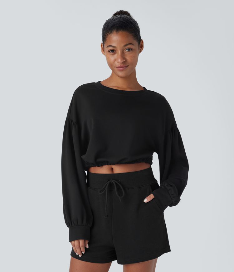 Backless Drawstring Tie Back Bishop Sleeve Cropped Casual Sweatshirt