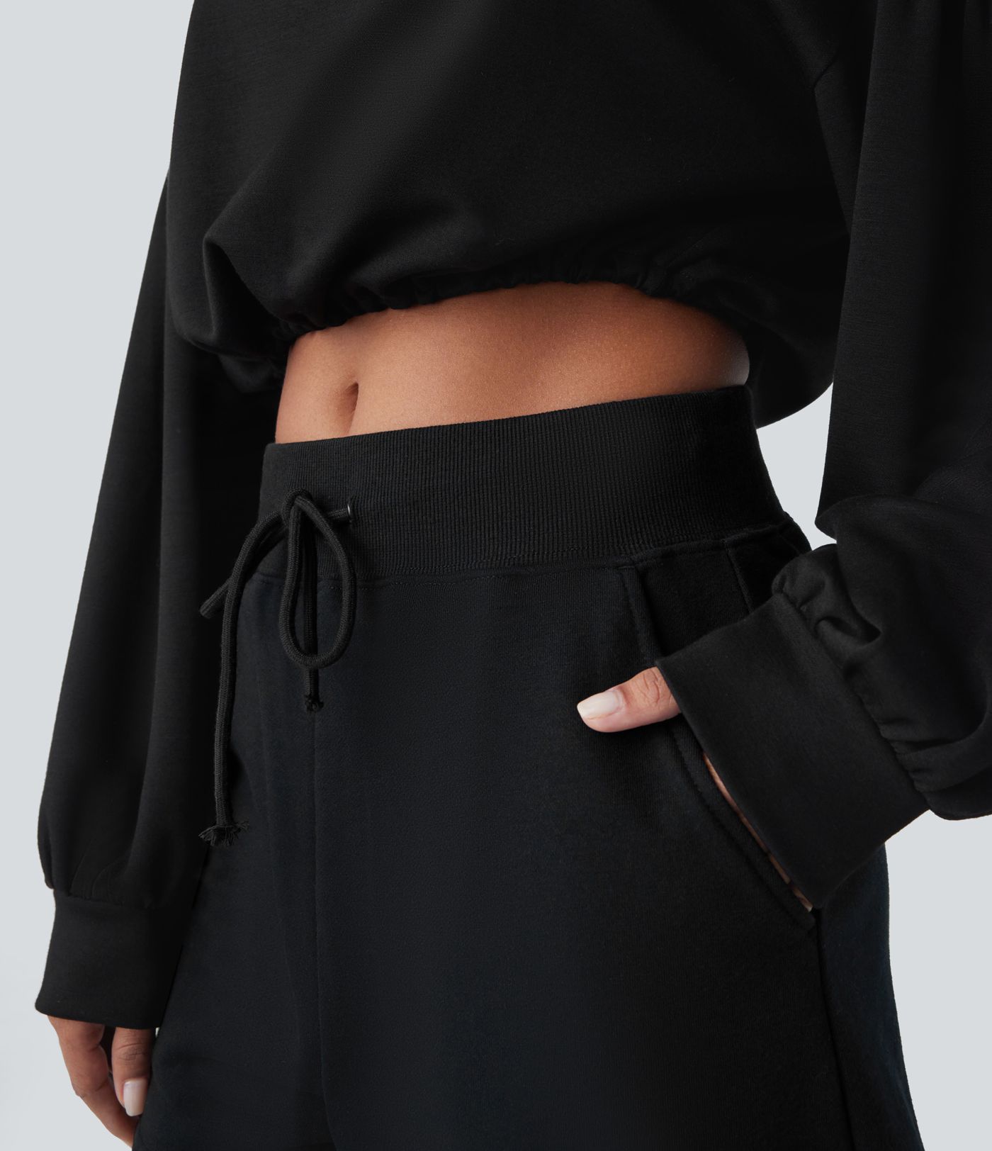 Backless Drawstring Tie Back Bishop Sleeve Cropped Casual Sweatshirt