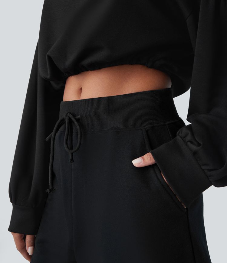 Backless Drawstring Tie Back Bishop Sleeve Cropped Casual Sweatshirt