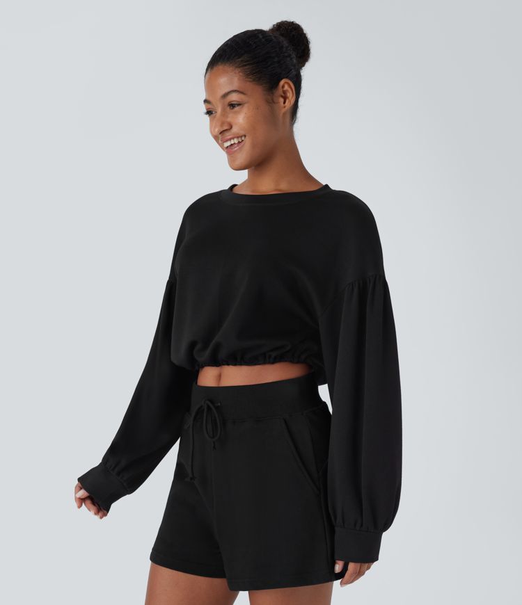 Backless Drawstring Tie Back Bishop Sleeve Cropped Casual Sweatshirt