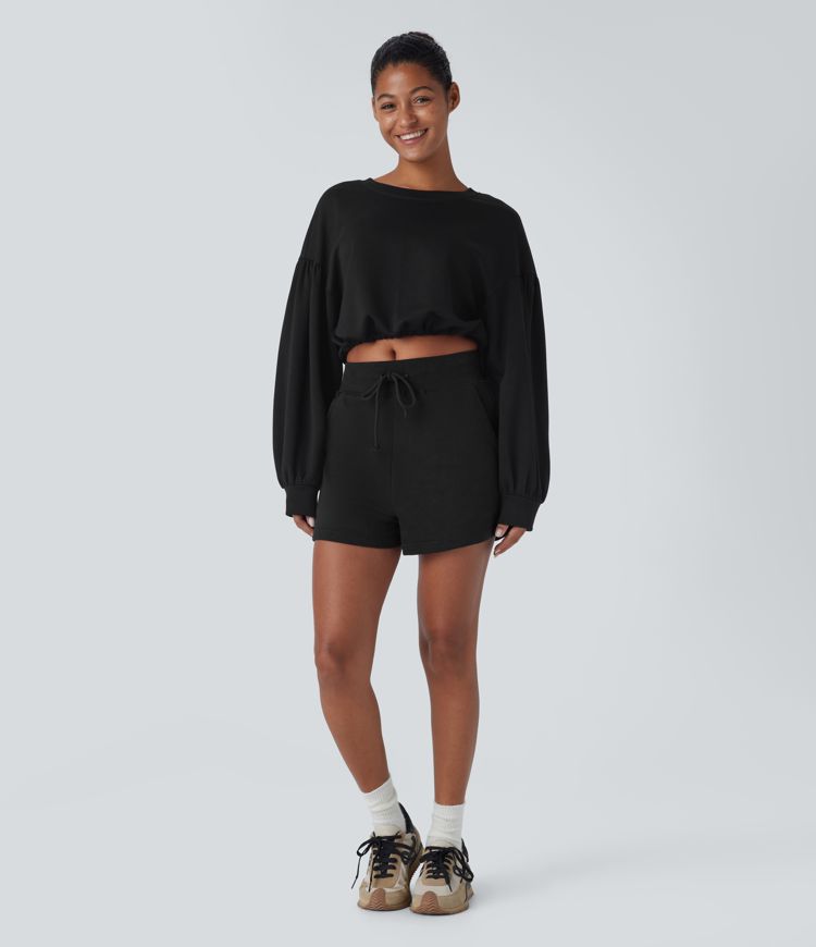 Backless Drawstring Tie Back Bishop Sleeve Cropped Casual Sweatshirt