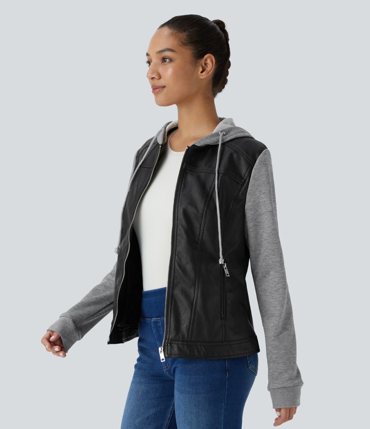 Hooded Drawstring Side Pocket Zipper Contrast Faux Leather Casual Jacket
