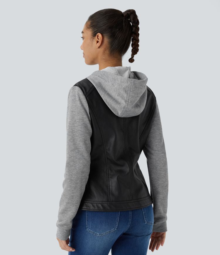 Hooded Drawstring Side Pocket Zipper Contrast Faux Leather Casual Jacket