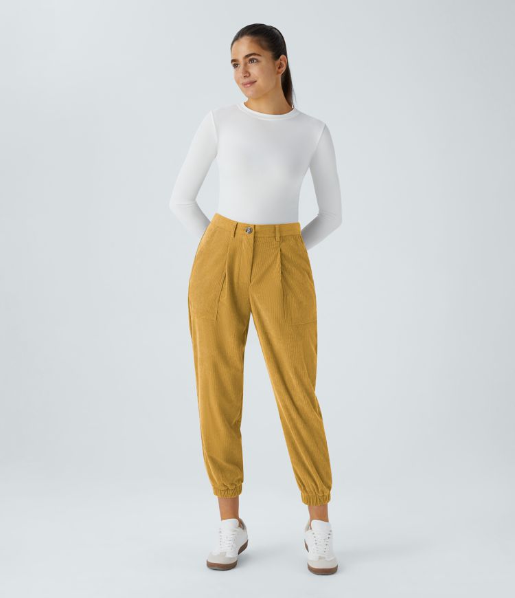 Mid Rise Zipper Pockets Corduroy Casual Joggers