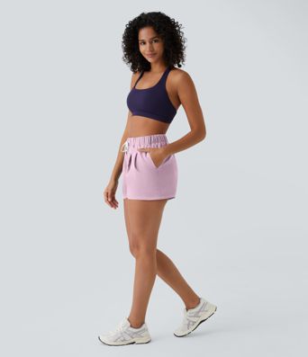High Waisted Elastic Waistband Drawstring Pleated Yoga Shorts 3" with Pockets