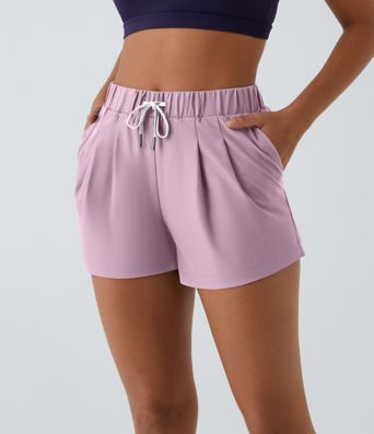 High Waisted Elastic Waistband Drawstring Pleated Yoga Shorts 3" with Pockets