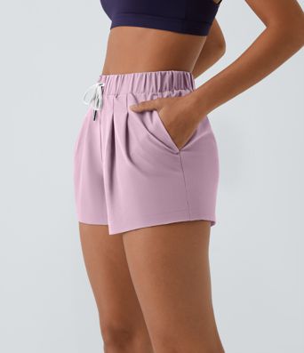 High Waisted Elastic Waistband Drawstring Pleated Yoga Shorts 3" with Pockets