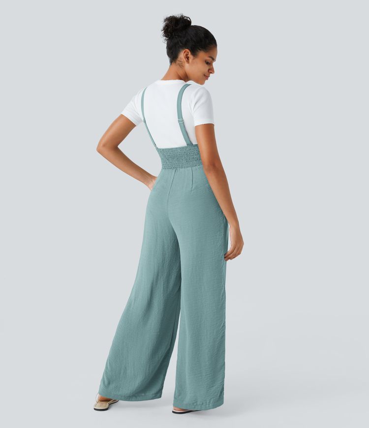 Shirred Pocket Casual Linen-Feel Jumpsuit