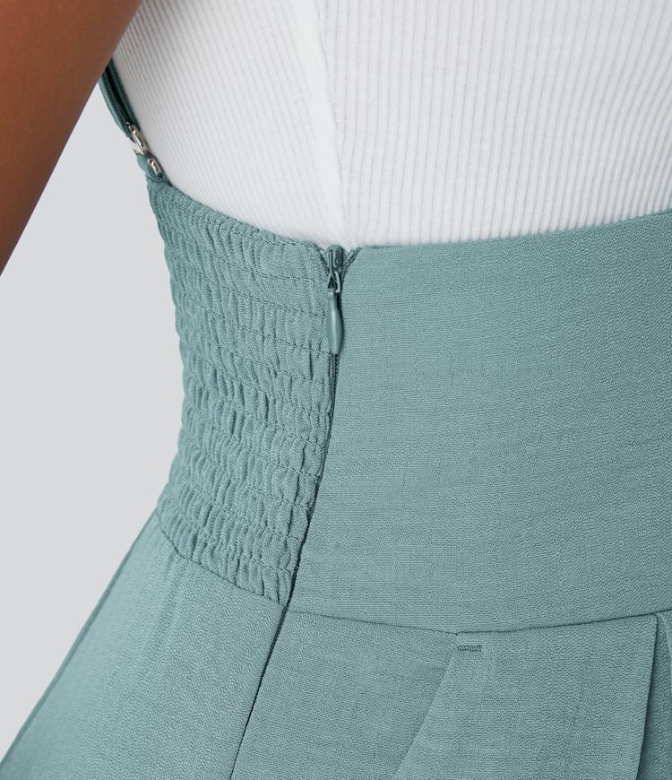 Shirred Pocket Casual Linen-Feel Jumpsuit