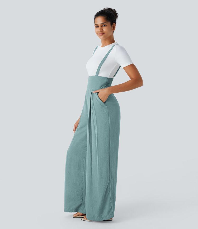 Shirred Pocket Casual Linen-Feel Jumpsuit