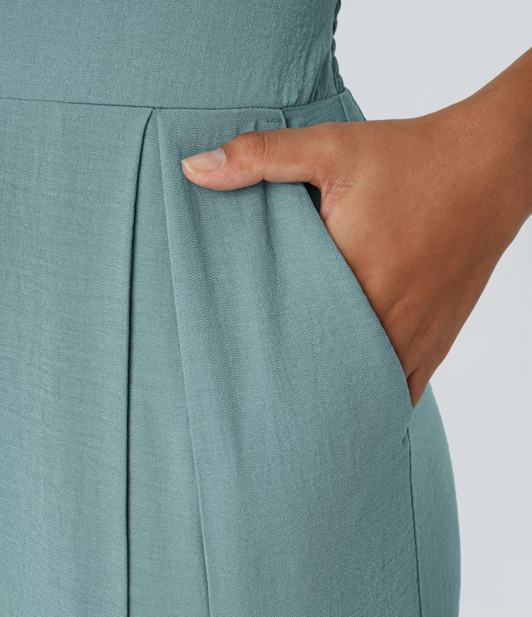 Shirred Pocket Casual Linen-Feel Jumpsuit