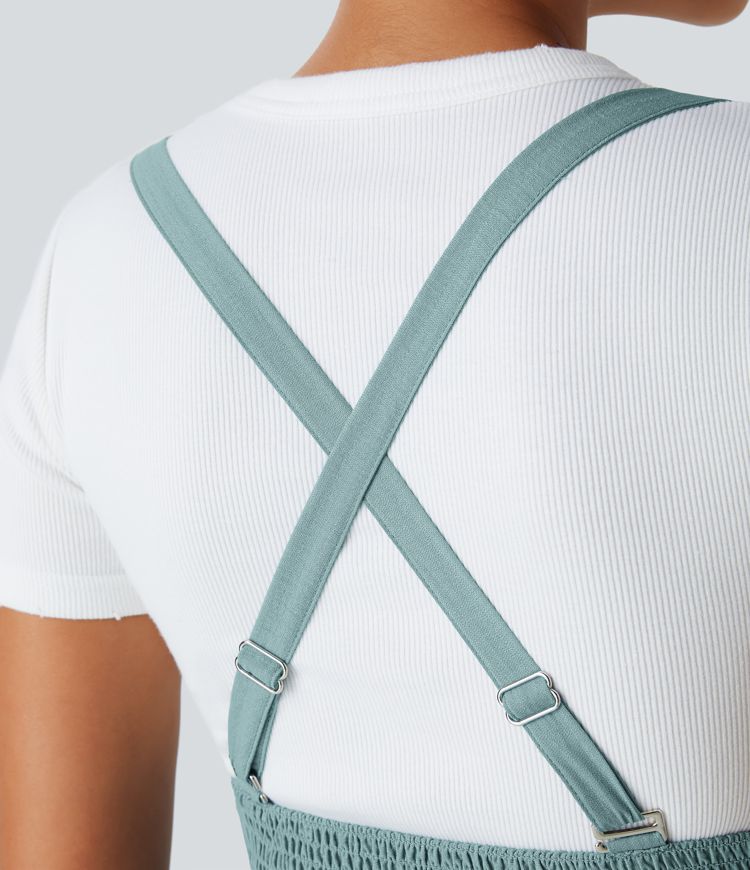 Shirred Pocket Casual Linen-Feel Jumpsuit