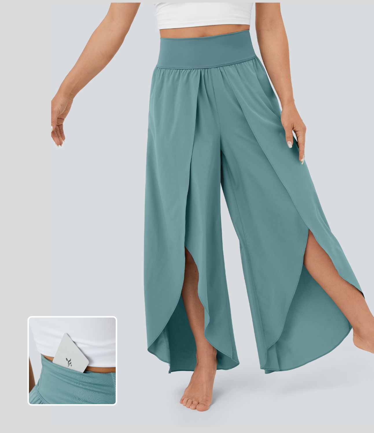 Breezeful™ High Waisted Back Waistband Pocket Palazzo Flowy Split Wide Leg Quick Dry Casual Pants