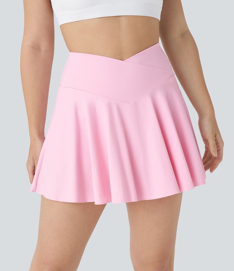 Softlyzero™ Airy Comfy High Waisted Crossover 2-in-1 Side Pocket Flare Cool Touch Tennis Skirt-Longer Length-UPF50+