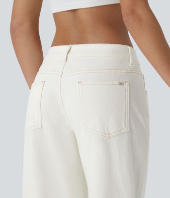 Halara Flex™ Asymmetric Low Rise Zipper Pockets Baggy Wide Leg Washed Casual Jeans