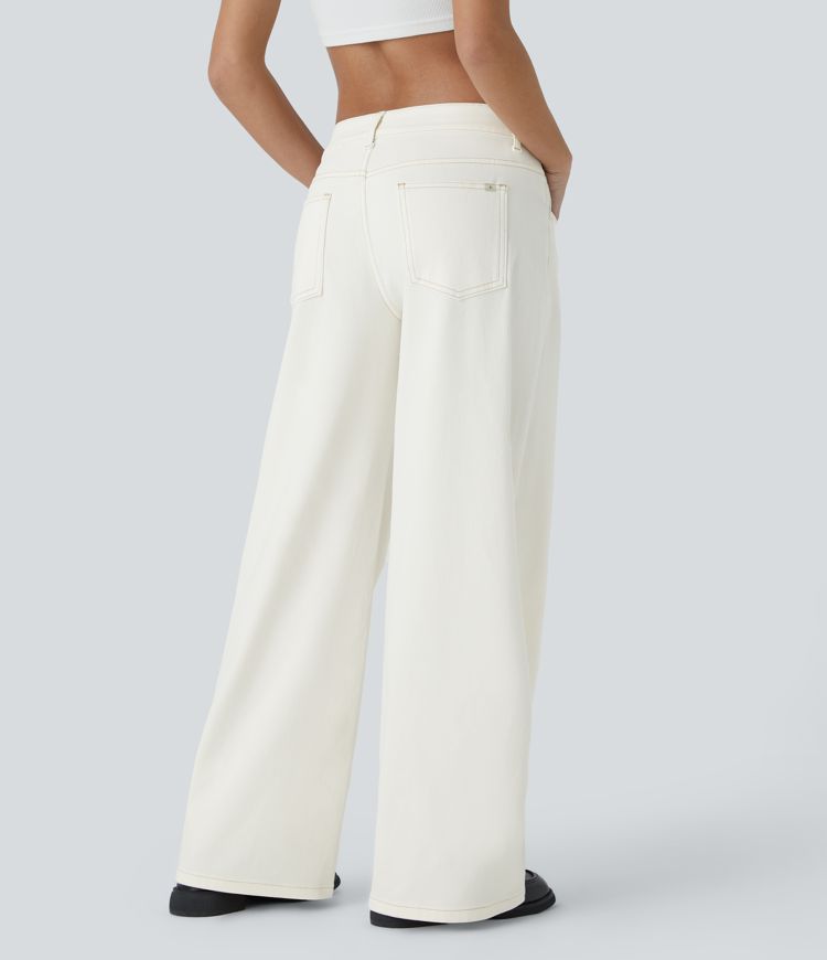 Halara Flex™ Asymmetric Low Rise Button Zipper Multiple Pockets Wide Leg Washed Stretchy Knit Casual Jeans