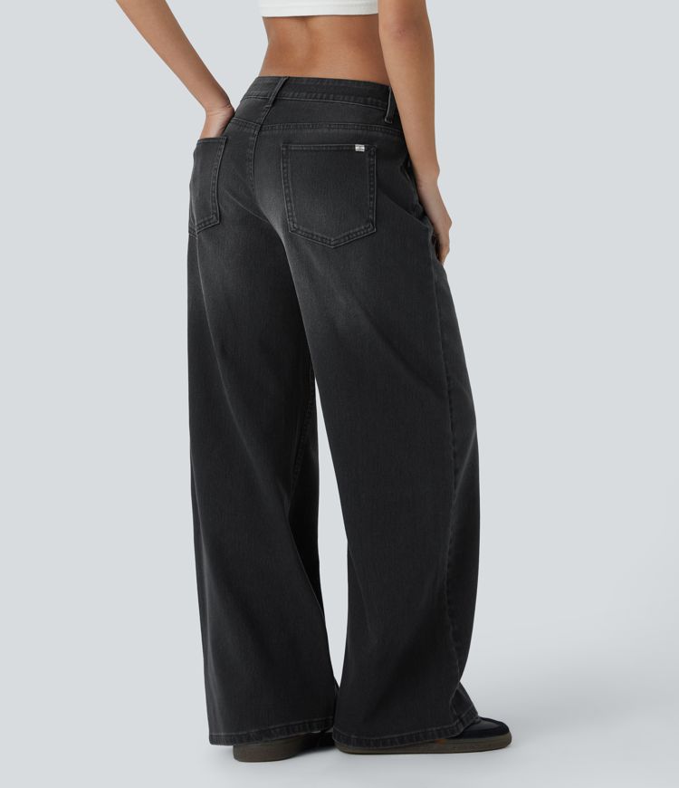 Halara Flex™ Asymmetric Low Rise Button Zipper Multiple Pockets Baggy Wide Leg Washed Stretchy Knit Casual Jeans