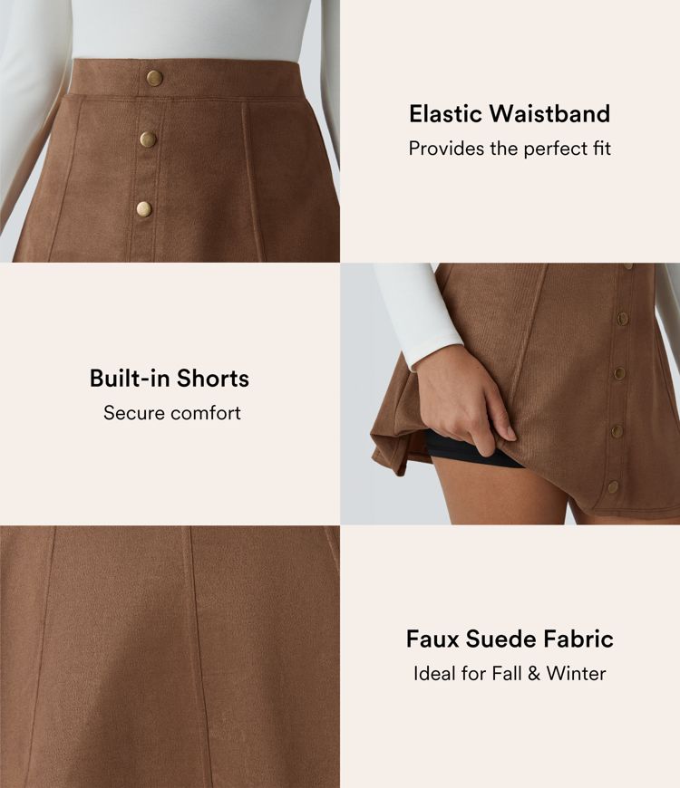High Waisted Decorative Button 2-in-1 A Line Suede Mini Casual Skirt
