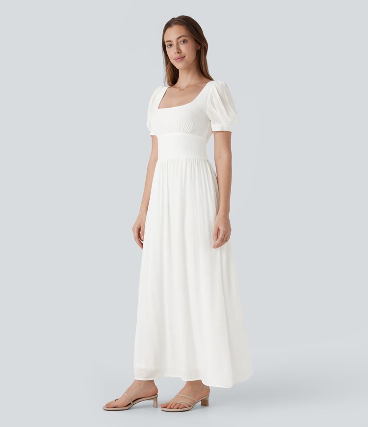 Square Neck Puff Sleeve Lace Up Cinched Waist Flowy Maxi Dress