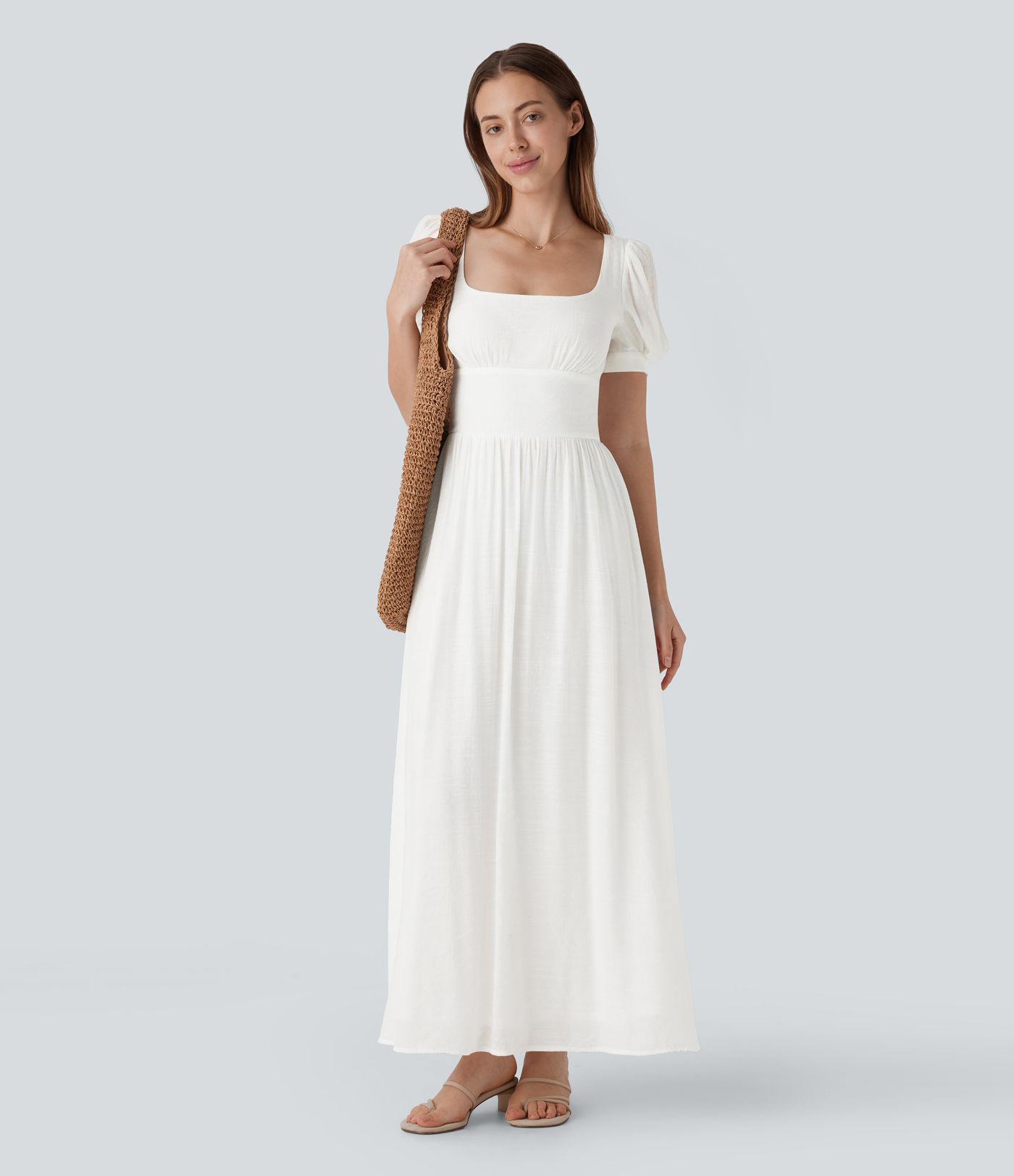 Square Neck Puff Sleeve Lace Up Cinched Waist Flowy Maxi Dress